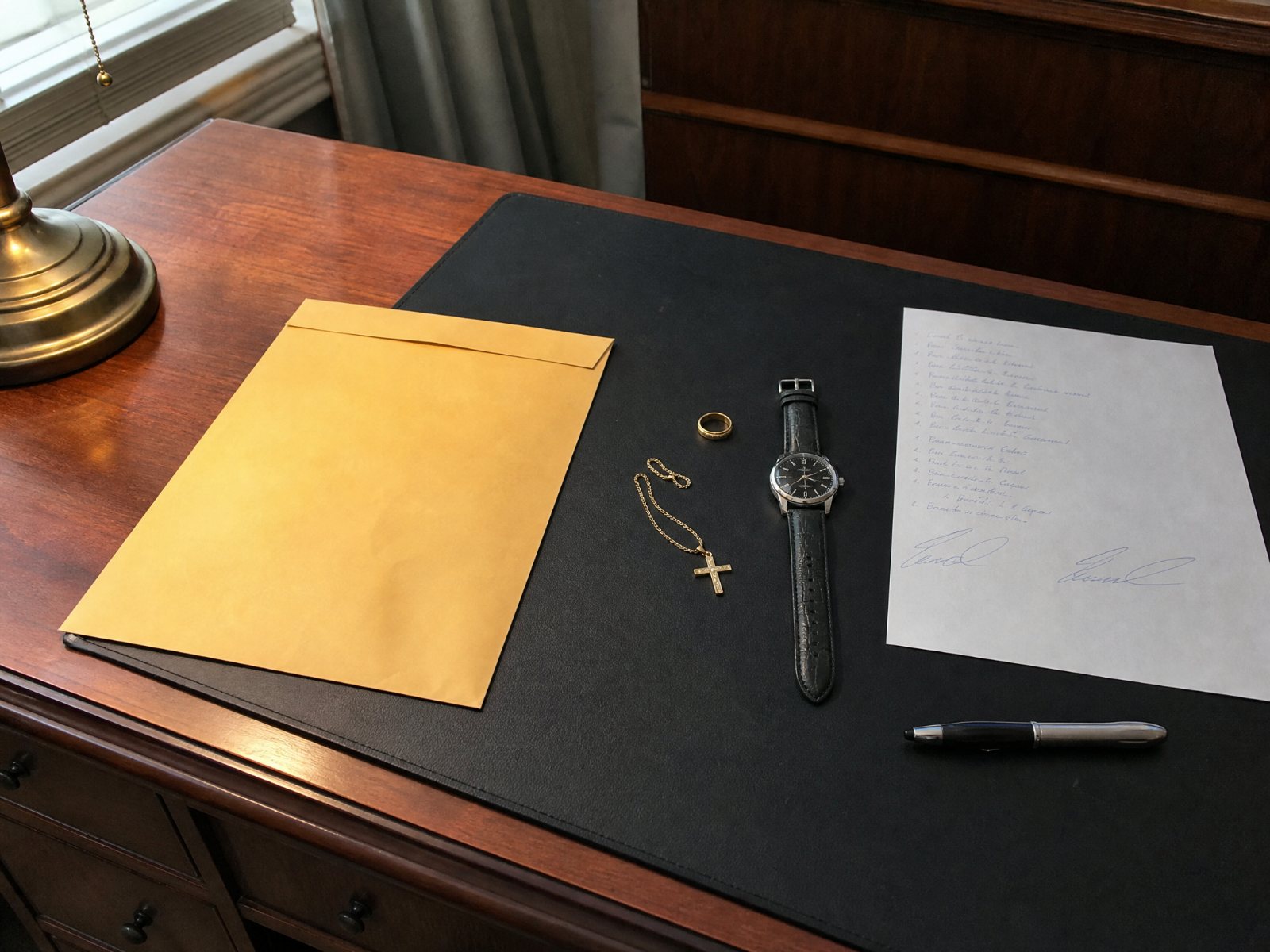 A manila envelope with a wedding band and a wristwatch