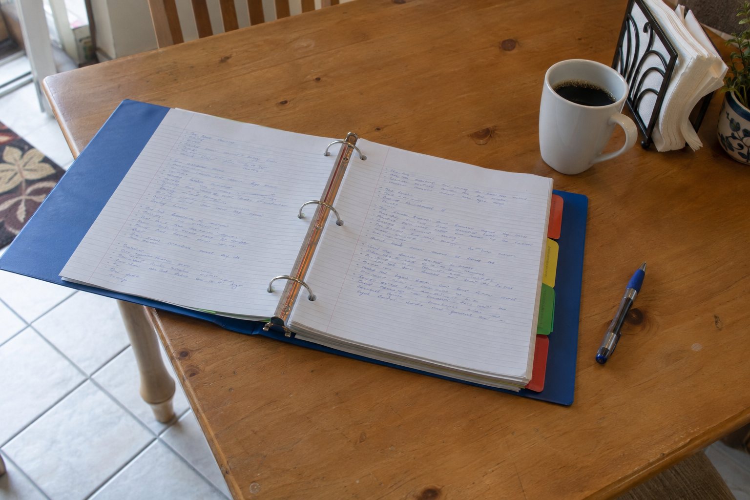 An open three-ring binder on a kitchen table beside a cup of coffee